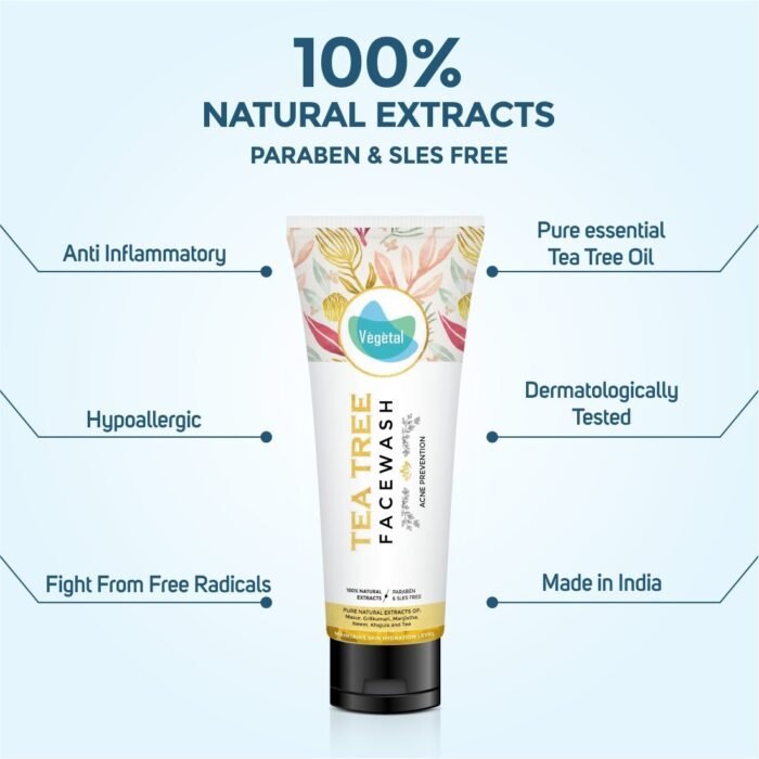 Vegetal Tea Tree Face Wash- Made of 100% natural extracts of Green Tea, Neem, Manjistha, & Khajoor- Anti Acne, Oil control, Free of Parabens, SLES & Harmful Chemicals - Image 4
