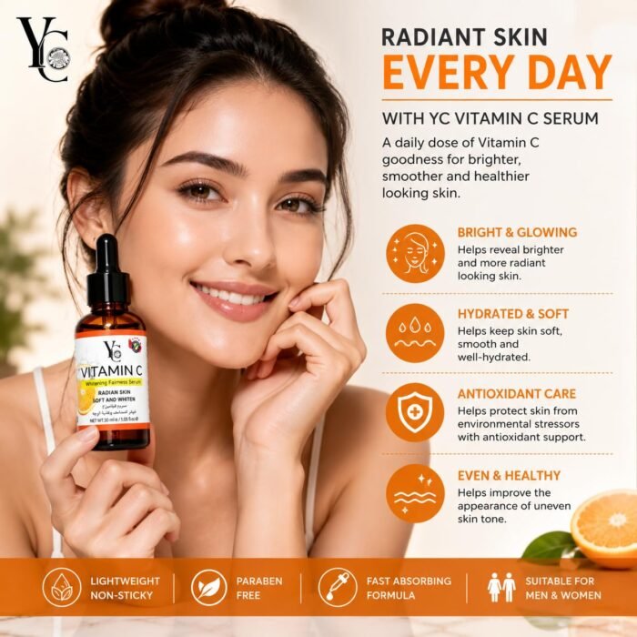 YC Vitamin C Face Serum for Brightening & Glowing Skin | Reduces Dullness & Uneven Tone | Lightweight Hydrating Formula | 30ml - Image 2