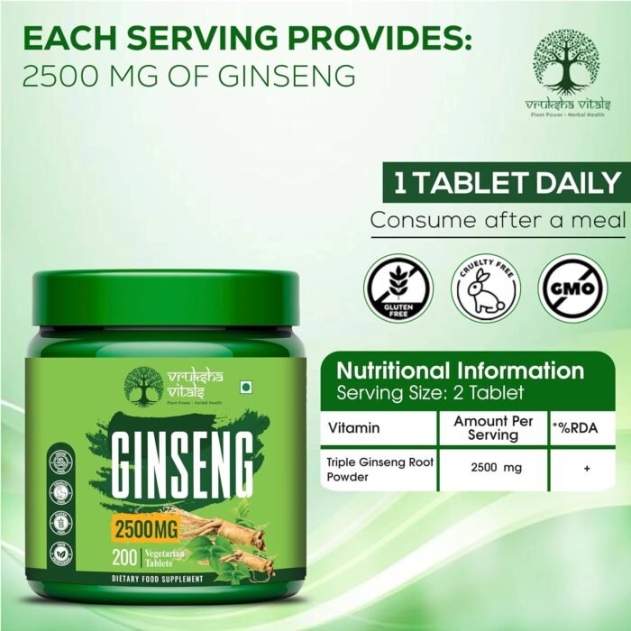 Vruksha Vitals Triple Ginseng Root - 2500 mg - Korean Red Panax Ginseng, Siberian and American Ginseng Extract Powder Tablets Capsules Supplement - Image 2