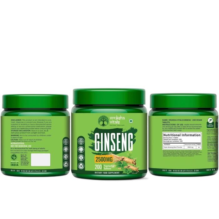 Vruksha Vitals Triple Ginseng Root - 2500 mg - Korean Red Panax Ginseng, Siberian and American Ginseng Extract Powder Tablets Capsules Supplement - Image 8