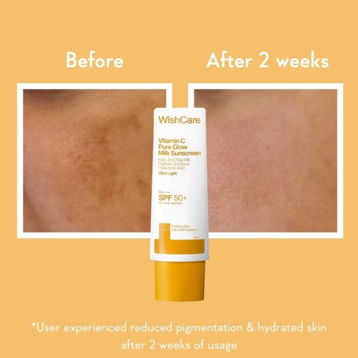 WishCare Vitamin C Pure Glow Milk Sunscreen with SPF 50 PA++++ In-Vivo Tested | Glowing Skin with Broad Spectrum Protection | Ultra Lightweight, Oil Free & No White Cast | For All Skin Types | 50ml - Image 2