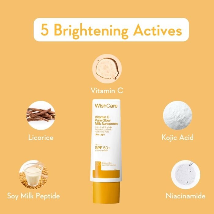 WishCare Vitamin C Pure Glow Milk Sunscreen with SPF 50 PA++++ In-Vivo Tested | Glowing Skin with Broad Spectrum Protection | Ultra Lightweight, Oil Free & No White Cast | For All Skin Types | 50ml - Image 4