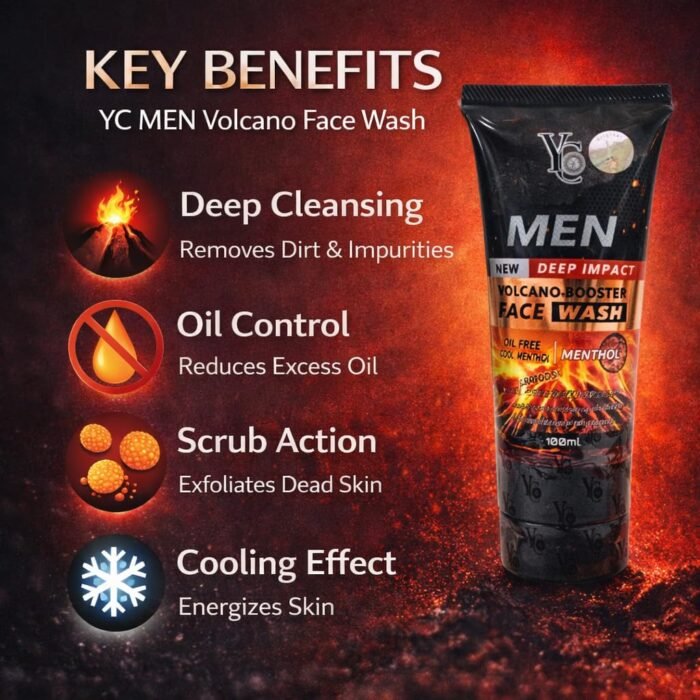 YC Men Deep Impact Volcano Booster Face Wash, with Scrub Beads, Cool Menthol, Oil Free, 100ml - Image 2