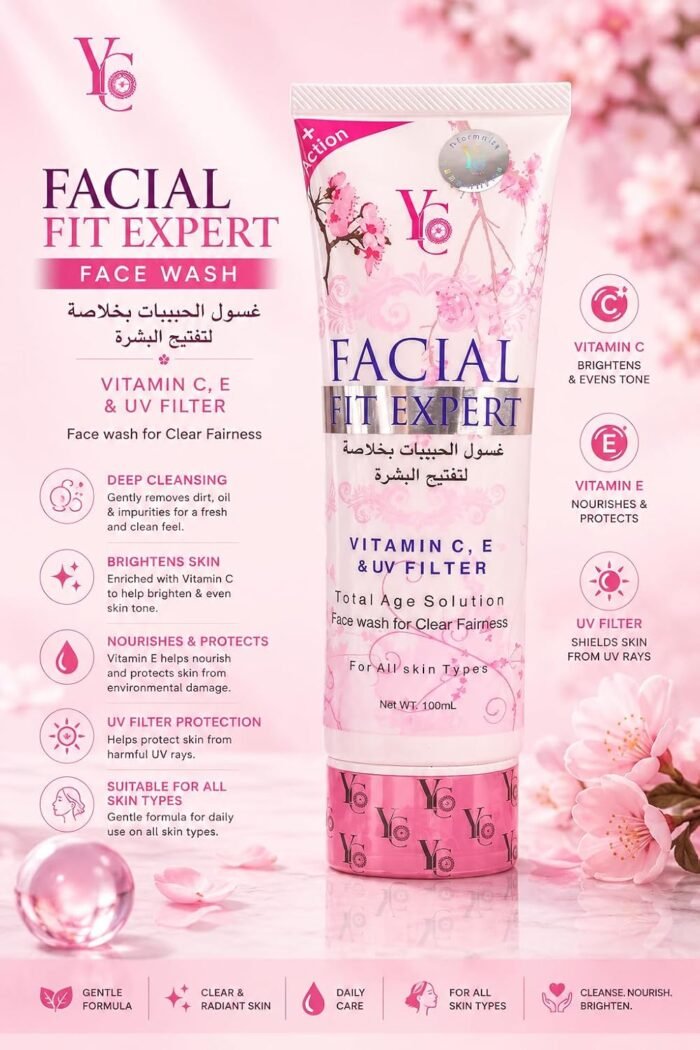 YC Vitamin C - E Face Wash Deep Cleanse Clogged Pores and Deep Moisturization Facial Fit 100 ml (Facial Fit Pink) - Image 3