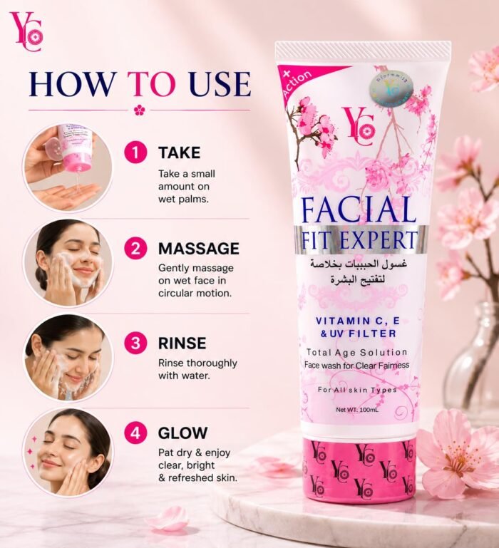 YC Vitamin C - E Face Wash Deep Cleanse Clogged Pores and Deep Moisturization Facial Fit 100 ml (Facial Fit Pink) - Image 4