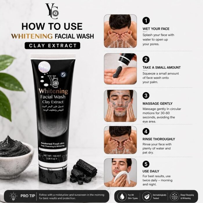 YC Whitening Clay Face Wash for Oily Skin Clears Clogged Pores Gently Cleanse and Pull Out Impurities Fights Acne YC440-100 ml Face Wash for Men - Image 3