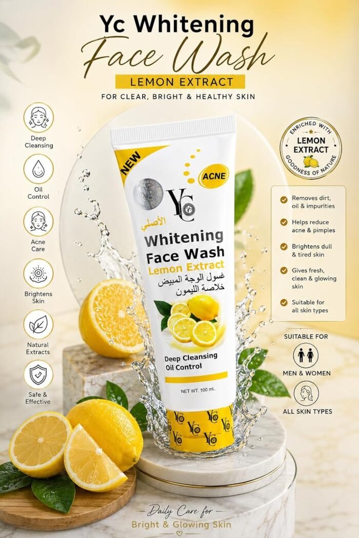 YC Whitening Face Wash with Lemon Extract, 100 ml | Deep Cleansing, Oil Control, Acne Care, Brightens Skin, All Skin Types - Image 2