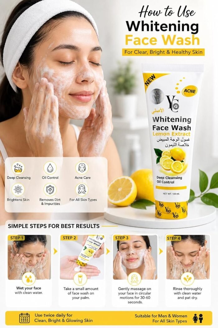 YC Whitening Face Wash with Lemon Extract, 100 ml | Deep Cleansing, Oil Control, Acne Care, Brightens Skin, All Skin Types - Image 3