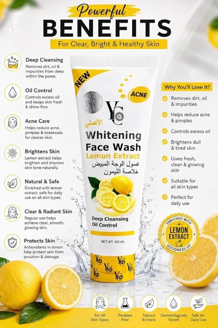 YC Whitening Face Wash with Lemon Extract, 100 ml | Deep Cleansing, Oil Control, Acne Care, Brightens Skin, All Skin Types - Image 5