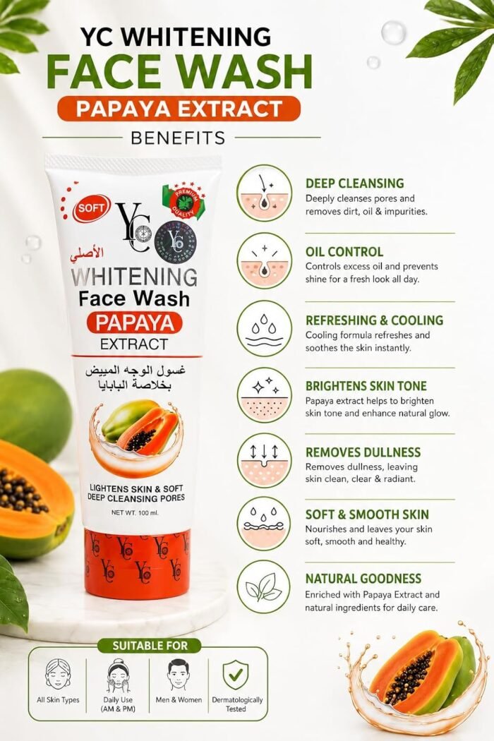 YC Whitening Face Wash with Papaya Extract, Lightens Skin, Deep Cleansing Pores, 100ml - Image 2