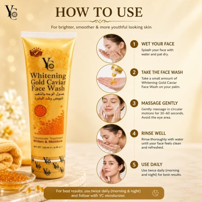 YC Whitening Gold Caviar Face Wash Rejuvenating Treatment Whiten and Moisture Gentle Cleansing Glowing Face 100 ml Face Wash for Men - Image 4