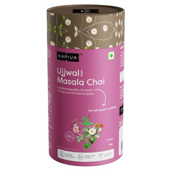 Ujjwal-Masala-Chai-All-Season-Wellness-Tea-150-Gms.jpg Ujjwal Masala Chai All-Season Wellness Tea 150 Gms for stress, blood purifying - Image 1