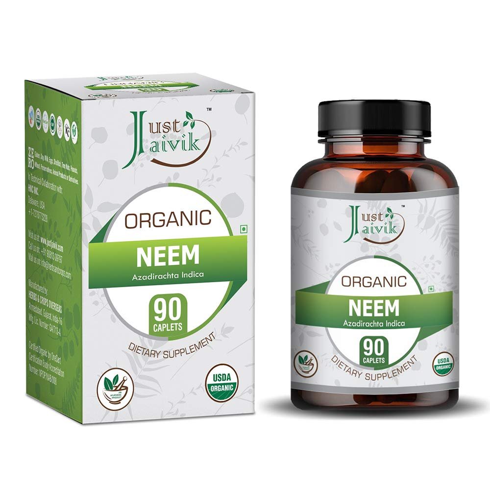 just-jaivik-neem-tablet-1-1.jpg Just Jaivik 100% Organic Neem (Azadirachta indica) 750 mg (90 Tablets) For glowing skin, Skin Care - Image 1